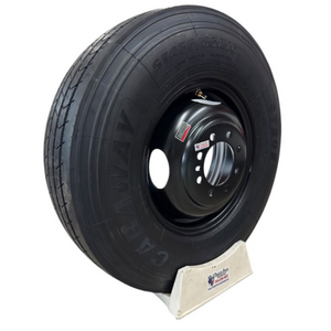 ST235/85R16 16-ply all steel trailer tire mounted on 8-lug black dual wheel
