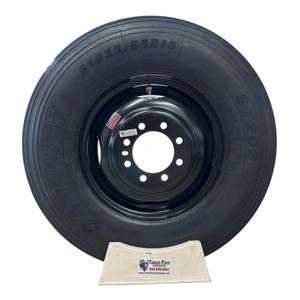 ST235/85R16 Load Range H tire on black dual trailer wheel for 10k and 12k trailer axles