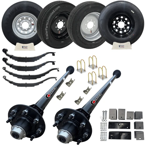 Dexter 7k Trailer Axle kit | 14k GVWR | 2 - 7,000 lbs trailer axles with 8 lug idler hubs, leaf springs, u bolts, tandem axle hanger kit, and choice of 16" or 17.5" wheel and tire combos. everything you need to install axles on trailer and get you on the road. 