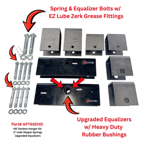 #APT6SEHD - Tandem Axle Trailer Hanger kit for 2" wide slipper leaf springs. This is a upgraded hanger kit that includes Heavy duty 12" long equalizers with rubber bushings, 4" wide weld on trailer hangers, and all spring and equalizer bolts come with ez lube zerk grease fittings for easy maintenance. 