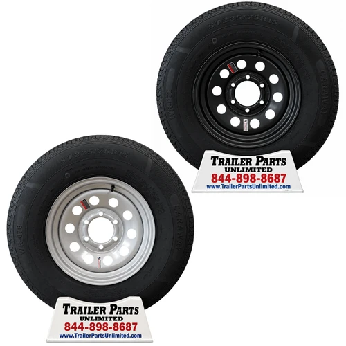 ST225/75R15 10-PLY RADIAL TRAILER TIRE WHEEL COMBO ON SILVER OR BLACK MOD WHEEL