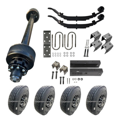 Close-up of the 12k Carter Single Axle's wheel assembly featuring 16" Black Dual Wheels, demonstrating the product's quality and Dexter axle compatibility.