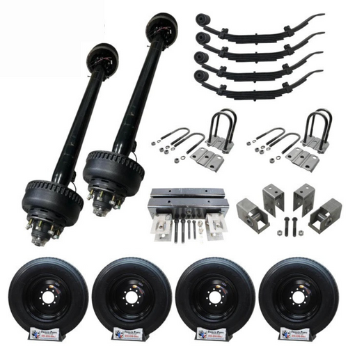Complete 10,000 lb Carter Tandem Trailer Axle Kit featuring two electric brake axles with springs, u-bolt kits, and a tandem axle hanger kit, ready for installation - the ideal Dexter alternative for robust trailer builds. Complete 10,000 lb Carter Tandem Trailer Axle Kit featuring two electric brake axles with springs, u-bolt kits, and a tandem axle hanger kit, ready for installation - the ideal Dexter alternative for robust trailer builds.