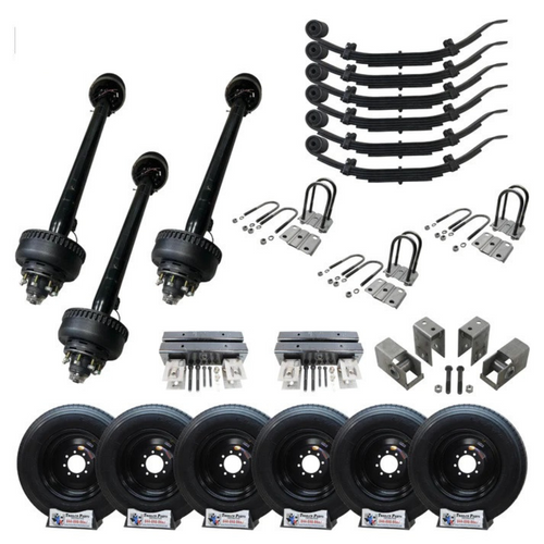 Close-up of the 10k Carter Triple Trailer Axle and its 17.5” black super single wheels, highlighting the kit's premium quality and suitability for Dexter axle replacements