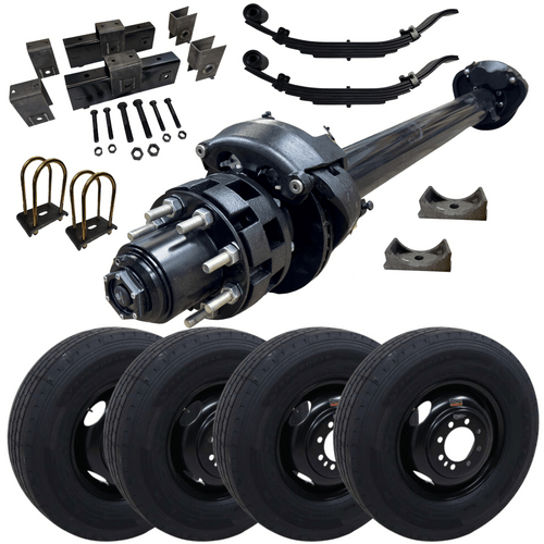 Durable 16-inch black dual wheels on the 12K Hydraulic Disc Brake Axle Kit – perfect for heavy-duty trailers