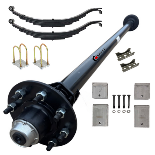 Carter 7K Single Trailer Axle Kit—fully assembled with slipper springs, pre-wired for brakes, and 8-lug hubs.