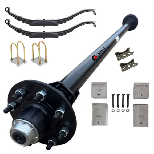 Carter 7K Single Trailer Axle Kit—fully assembled with slipper springs, pre-wired for brakes, and 8-lug hubs