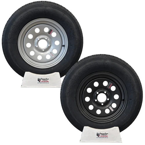 ST205/75R15 10-Ply trailer tire wheel combo 5 lug in choice of black or silver rim 