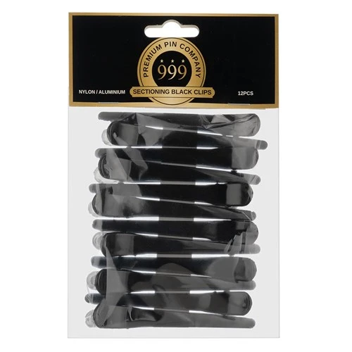999 PREMIUM PINS - Black Nylon/Aluminium Sectioning Hair Clips 12pk