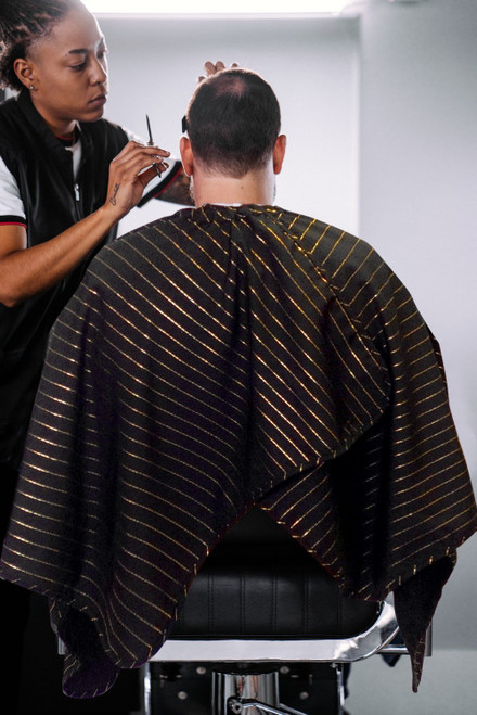 BARBER STRONG - The Barber Cape - Black with 24k Gold Pinstripe