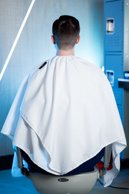 BARBER STRONG - The Barber Cape - White w/Black Pinstripe