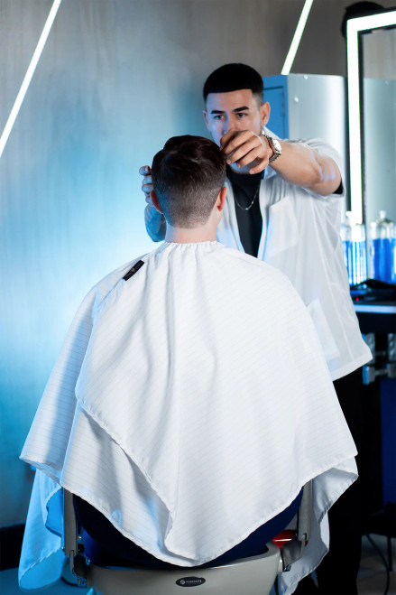 BARBER STRONG - The Barber Cape - White w/Black Pinstripe