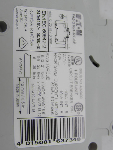 Eaton FAZ-D10/1-RT-SP Miniature Circuit Breakers (MCBs)