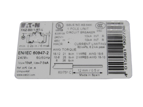Eaton FAZ-B3/1-RT-L Miniature Circuit Breakers (MCBs)