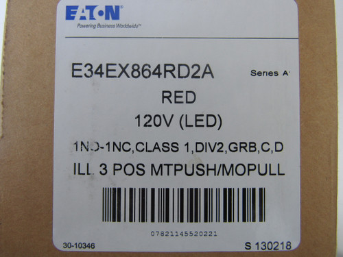 Eaton E34EX864RD2A Pushbuttons Illuminated 120V 1NO 1NC 3 Position Red Push/Pull LED