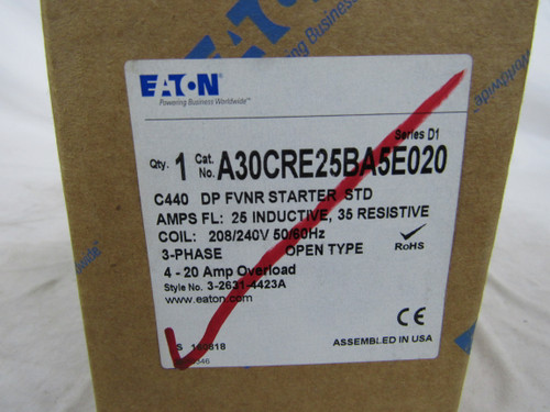 Eaton A30CRE25BA5E020 Starters Open 25A 240V 50/60Hz 3Ph 1NO