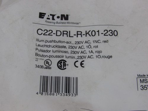 Eaton C22-DRL-R-K01-230 Pushbuttons Illuminated 230V 1NC EA