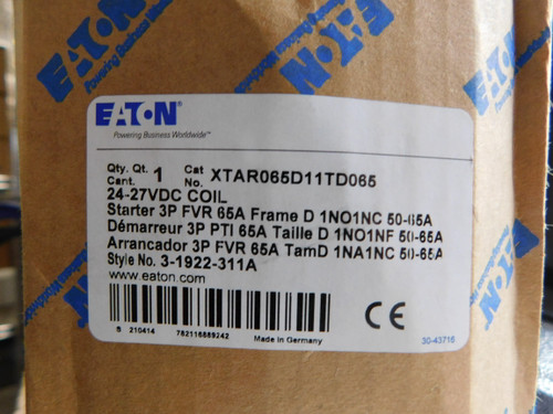 Eaton XTAR065D11TD065 Reversing Starters 3P 65A 27VDC D Frame 1NO 1NC