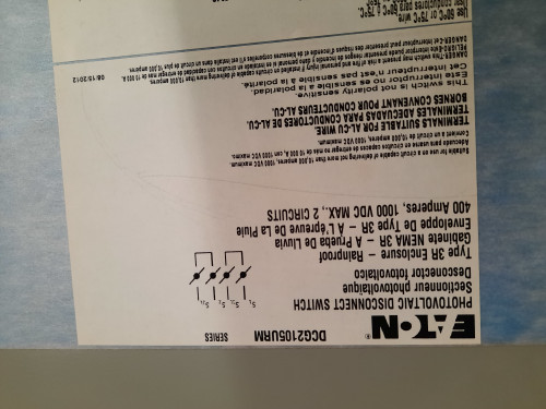 Eaton DCG2105URM Disconnect Switches Heavy Duty DC Disconnect 2P 400A 1000V 50/60Hz Non Fusible NEMA 3R Photovoltaic Disconnect