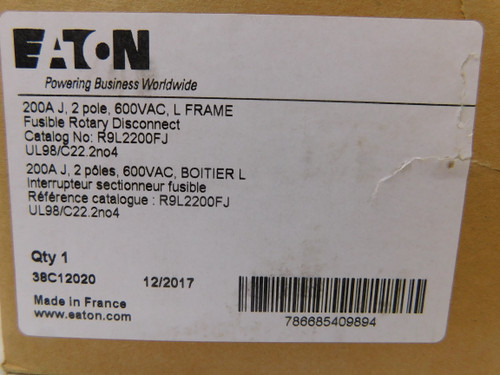 Eaton R9L2200FJ Disconnect Switches 2P 200A 600V 50/60Hz L Frame Fusible