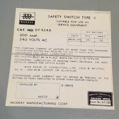 Murray DF424A Safety Switches