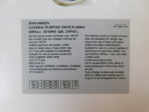 Eaton R9M3400FJN Rotary Switches 3P 400A 600V M Frame