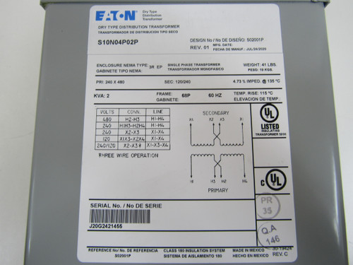 Eaton S10N04P02P Other Transformers Encapsulated Transformer 240V 1Ph 120/240V 2kVA