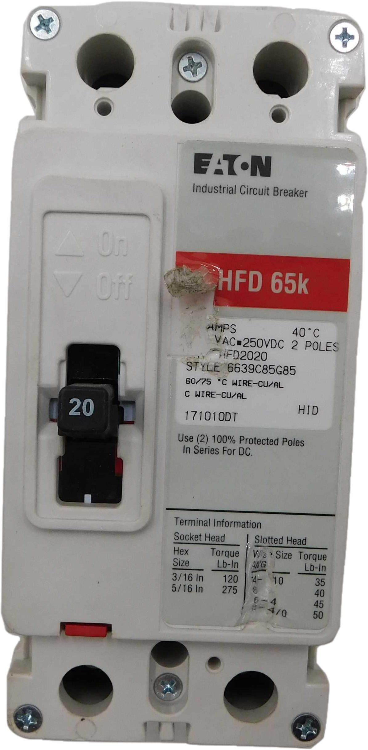 Eaton HFD2020 Non-Interchangeable Trip Circuit Breaker (Used)