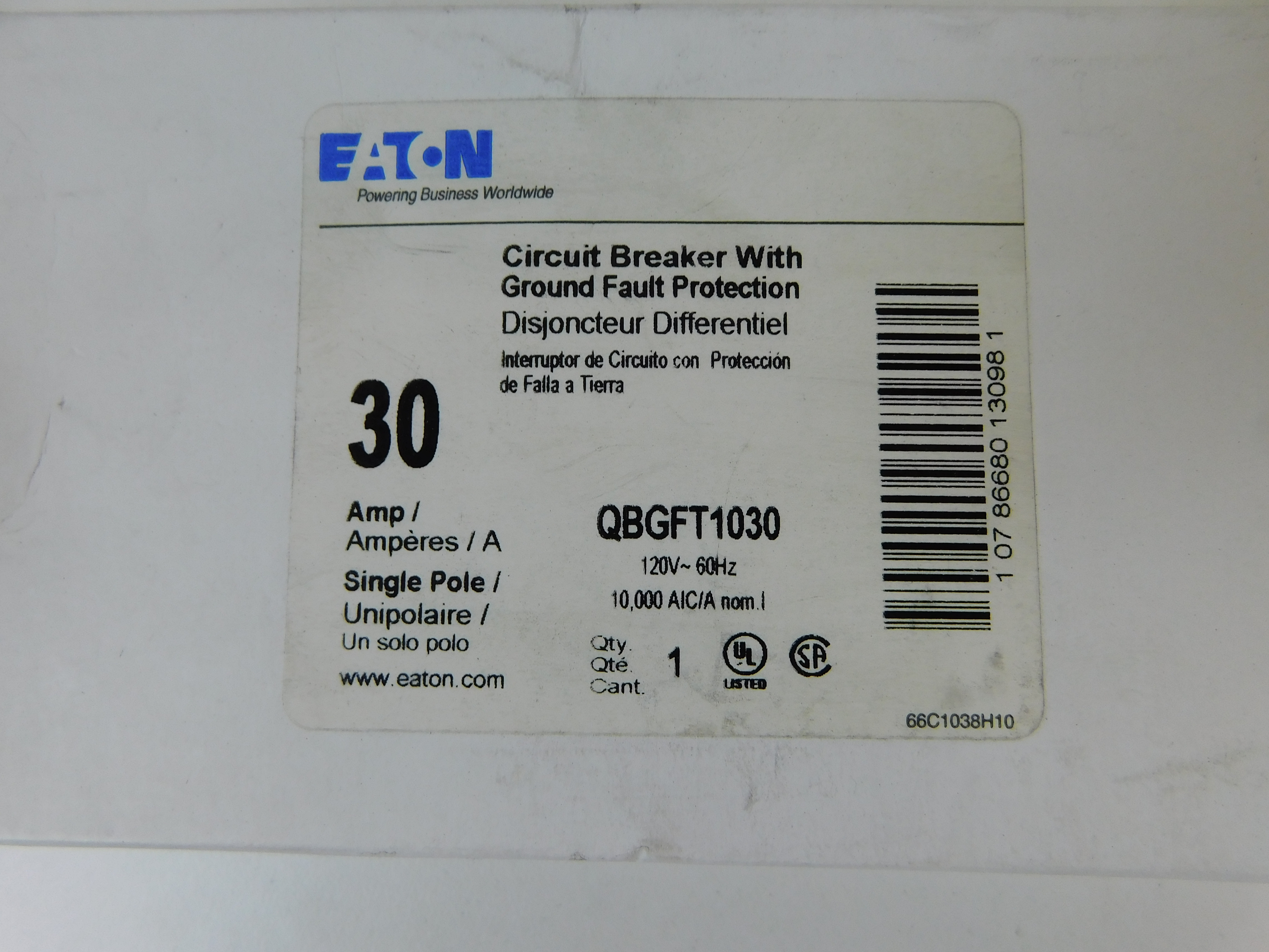 Eaton QBGFT1030 Ground Fault Circuit Breaker