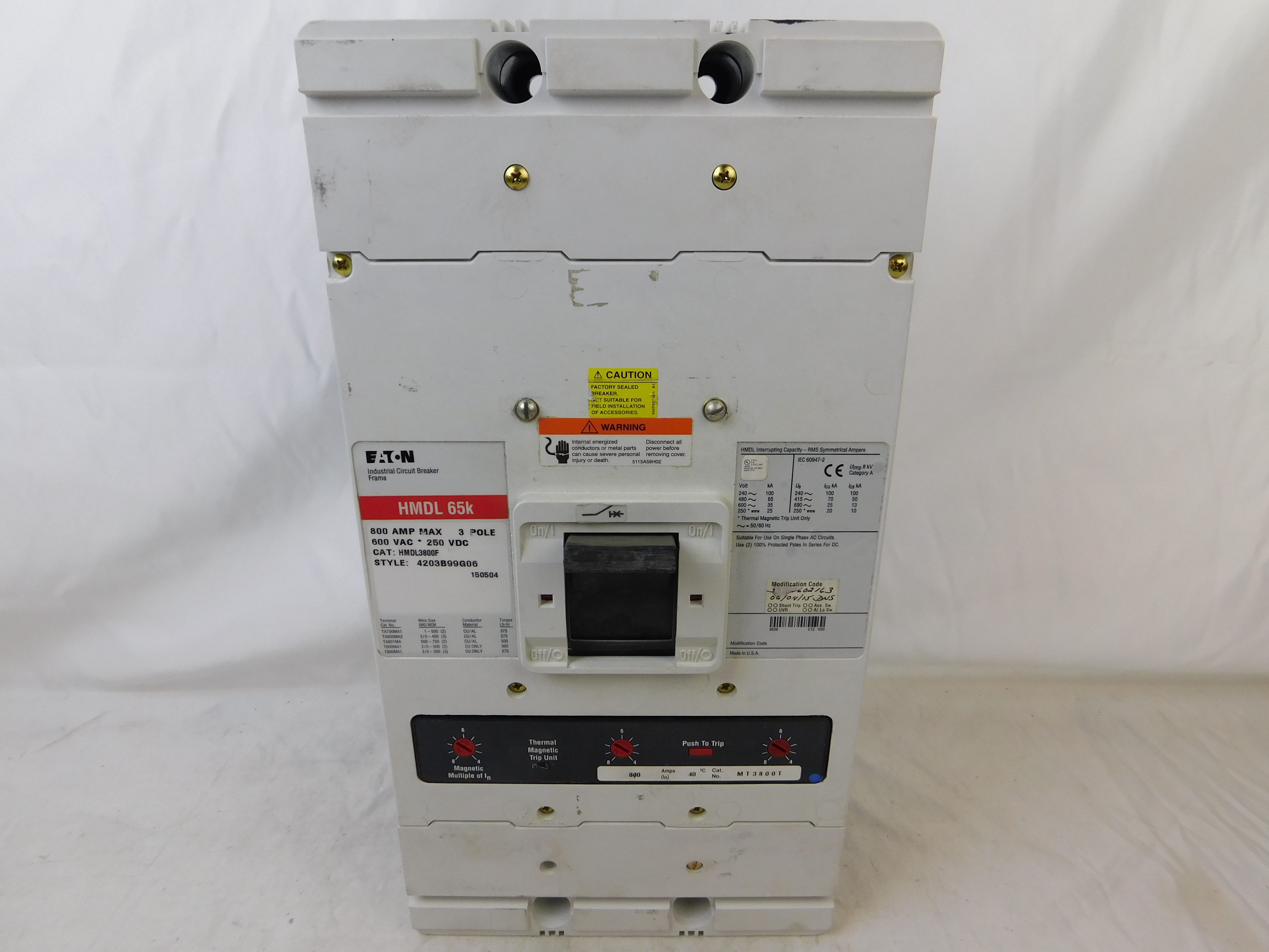 Eaton HMDL3800 Interchangeable Trip Circuit Breaker (Used)