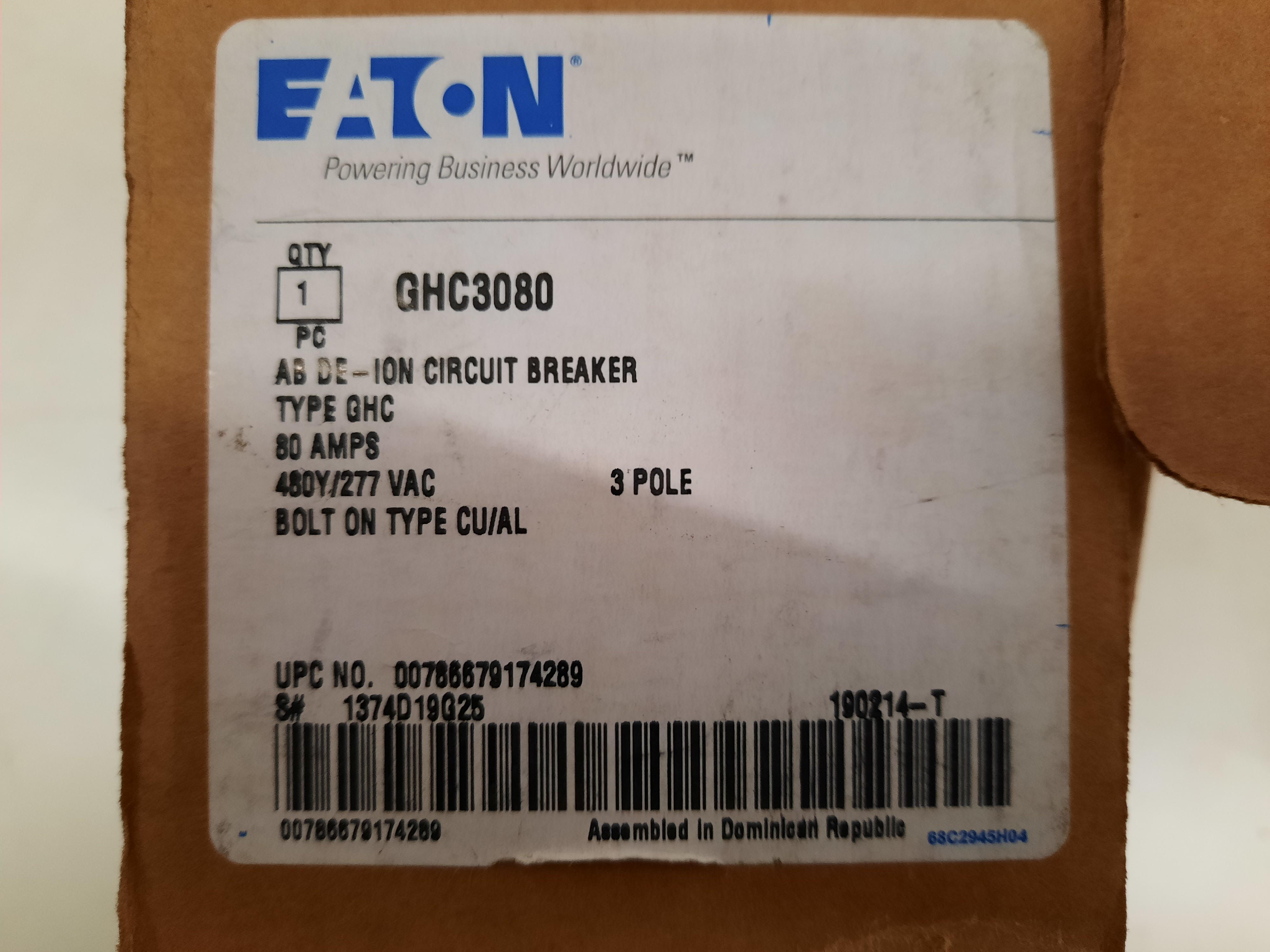 Eaton GHC3080 Non-Interchangeable Trip Circuit Breaker