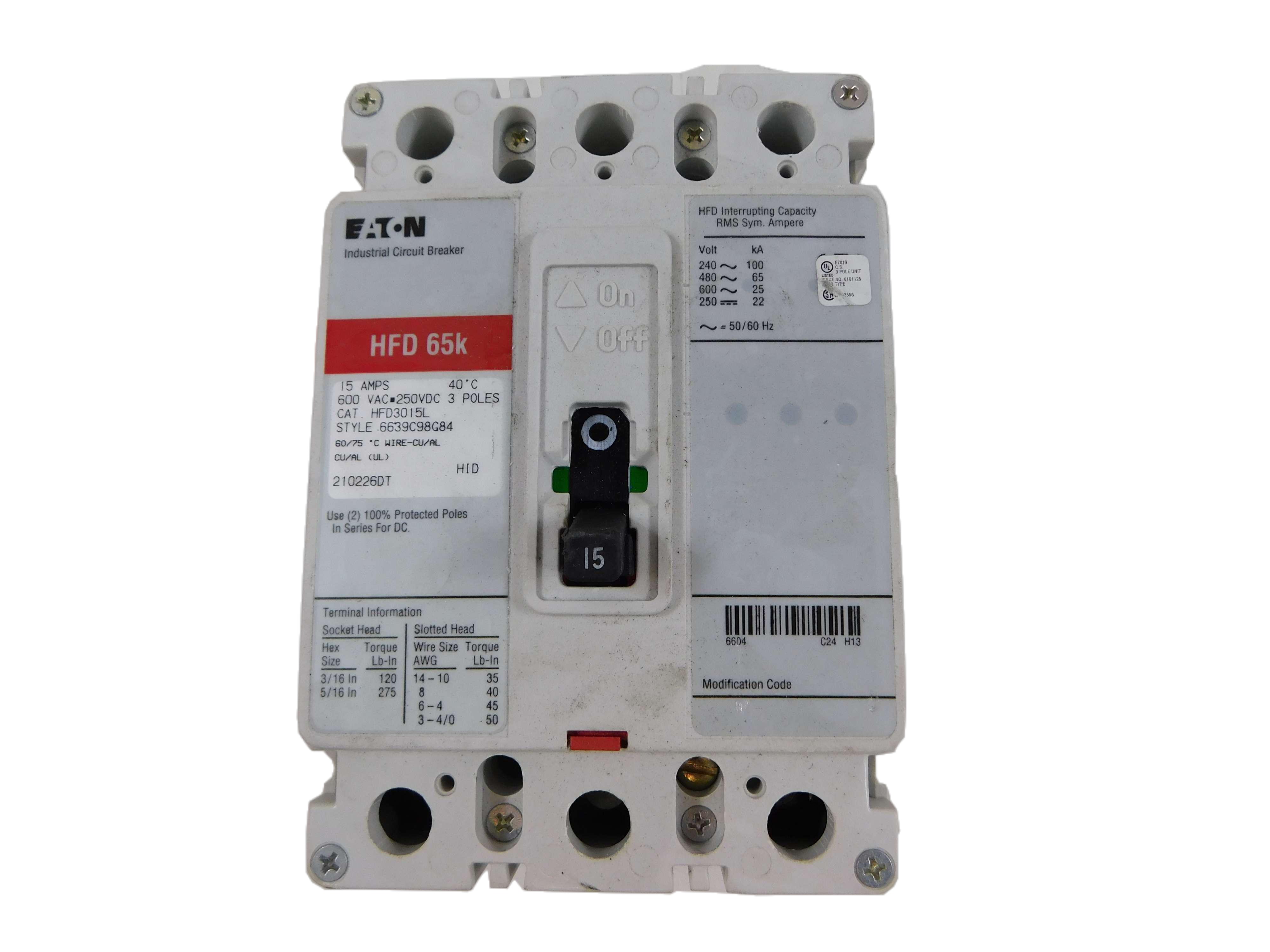 Eaton HFD3015L Non-Interchangeable Trip Circuit Breaker (Repackaged)