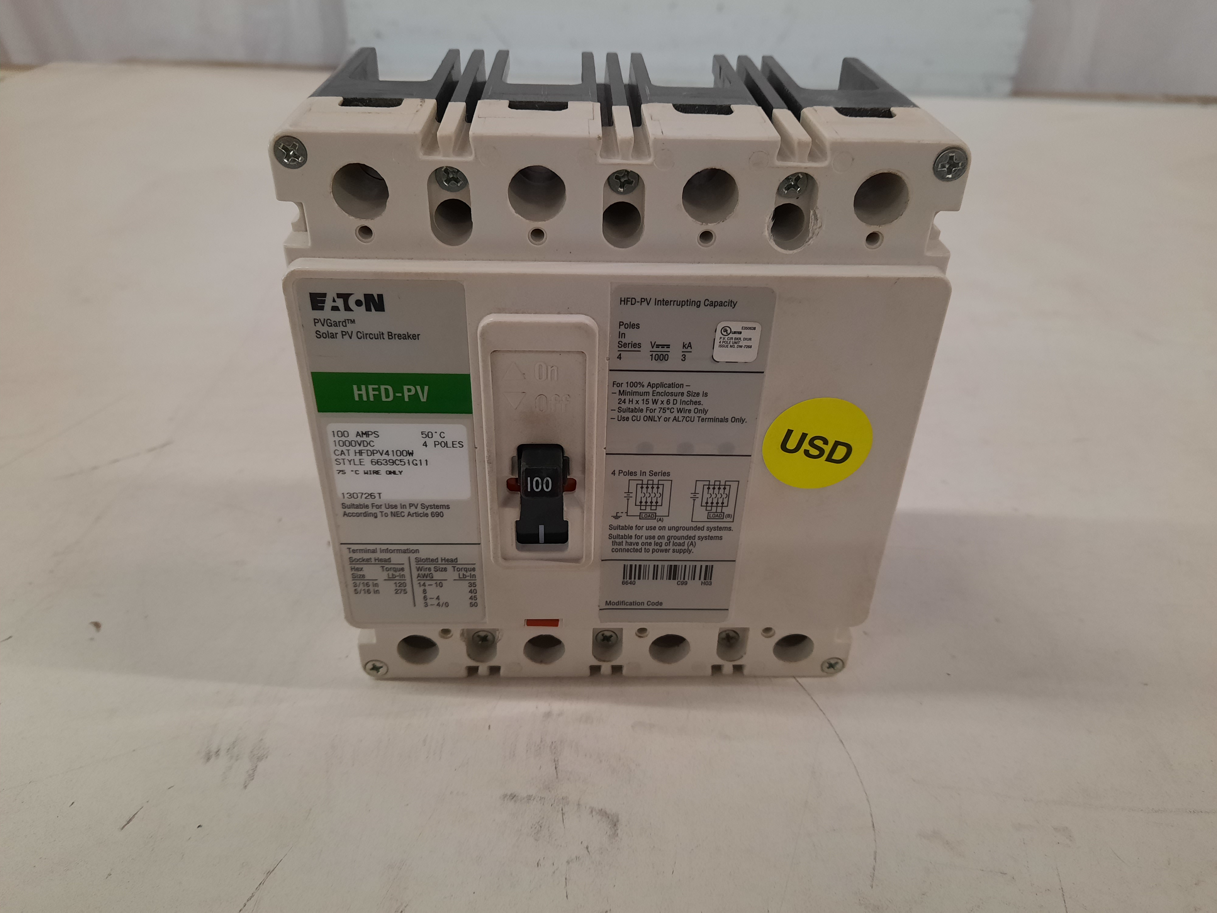 Eaton HFDPV4100W Molded Case Breakers MCCBs (Used)