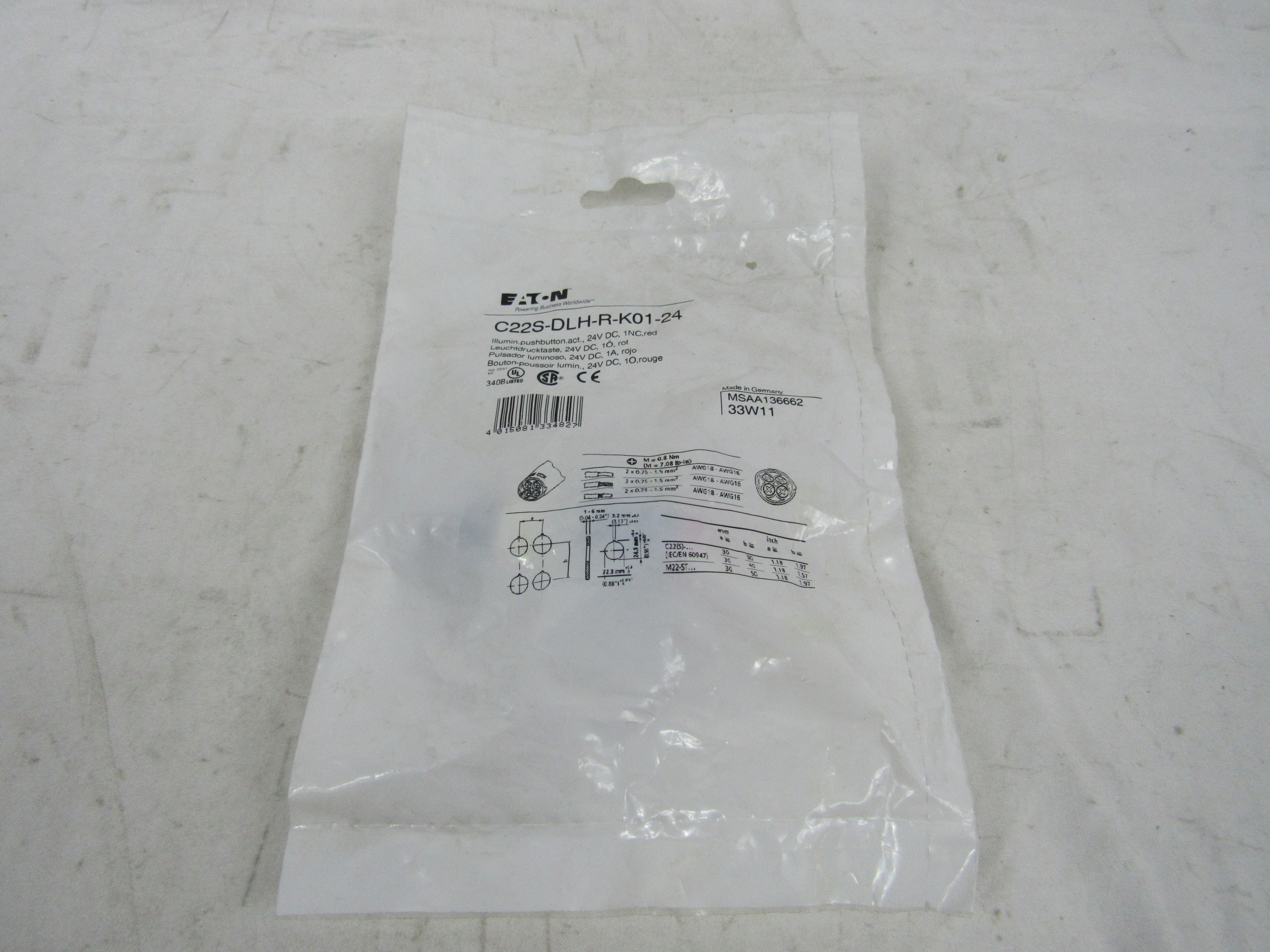 Eaton C22S-DLH-R-K01-24 Illuminated Pushbutton
