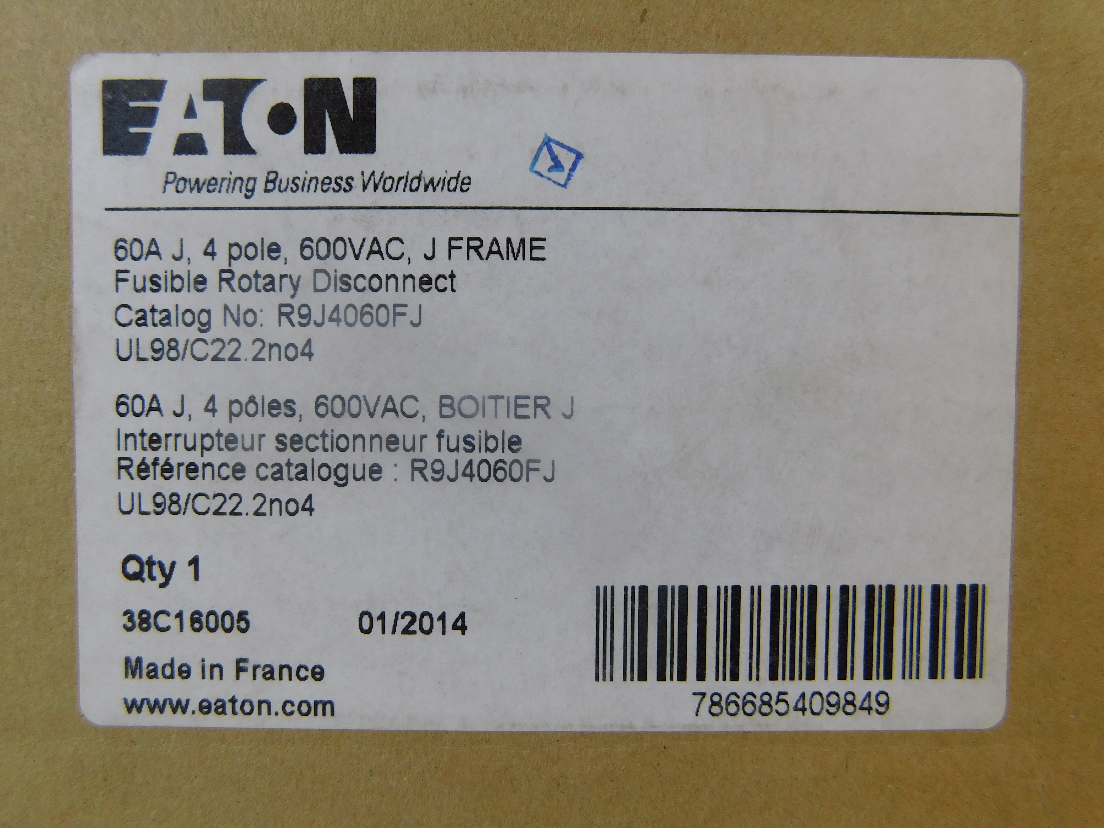 Eaton R9J4060FJ Rotary Switches Rotary 4P 60A 600V J Frame Fusible EA