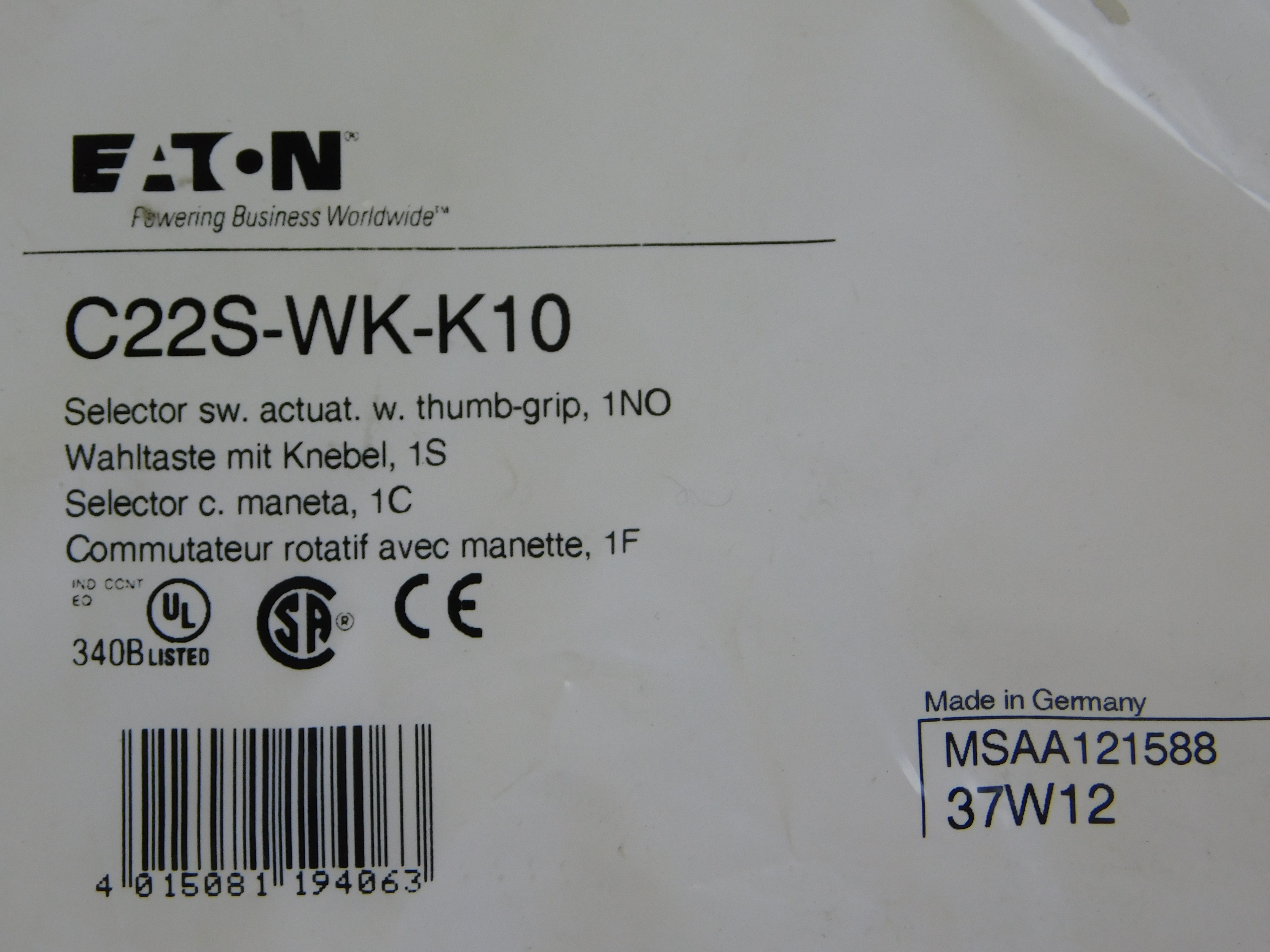 Eaton C22S-WK-K10 Non-Illuminated Selector Switch