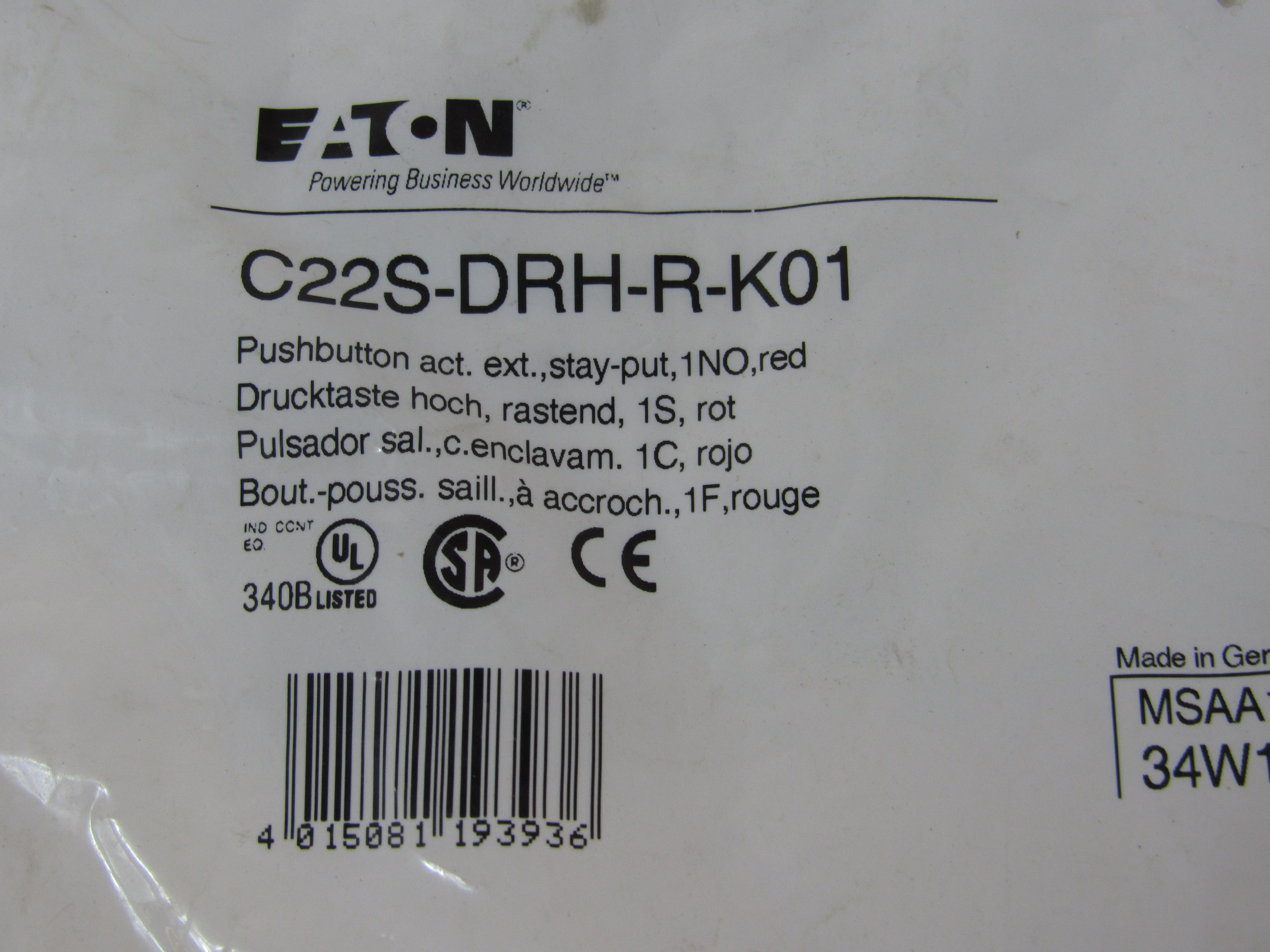 Eaton C22S-DRH-R-K01 Non-Illuminated Pushbutton