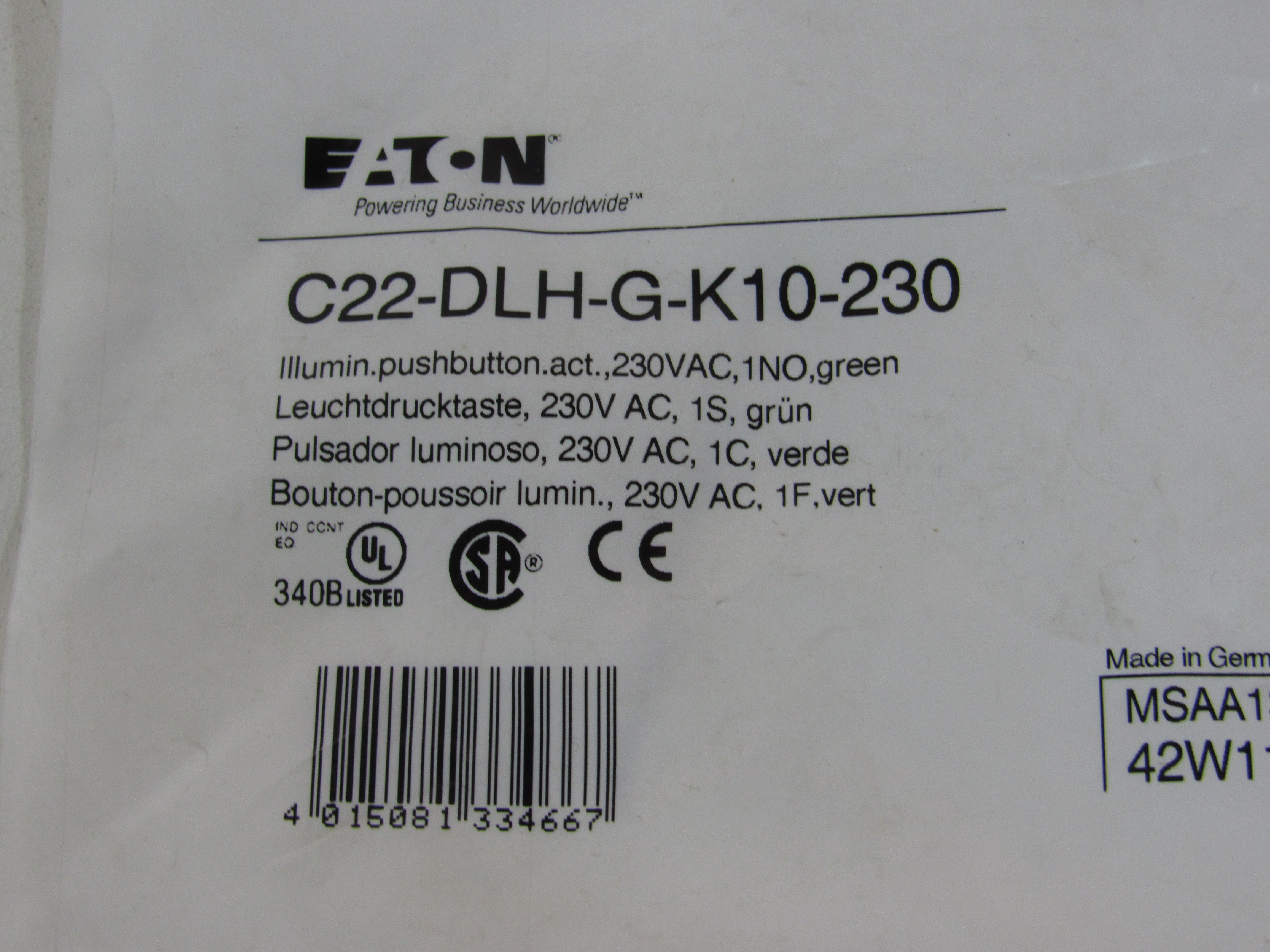 Eaton C22-DLH-G-K10-230 Illuminated Pushbutton