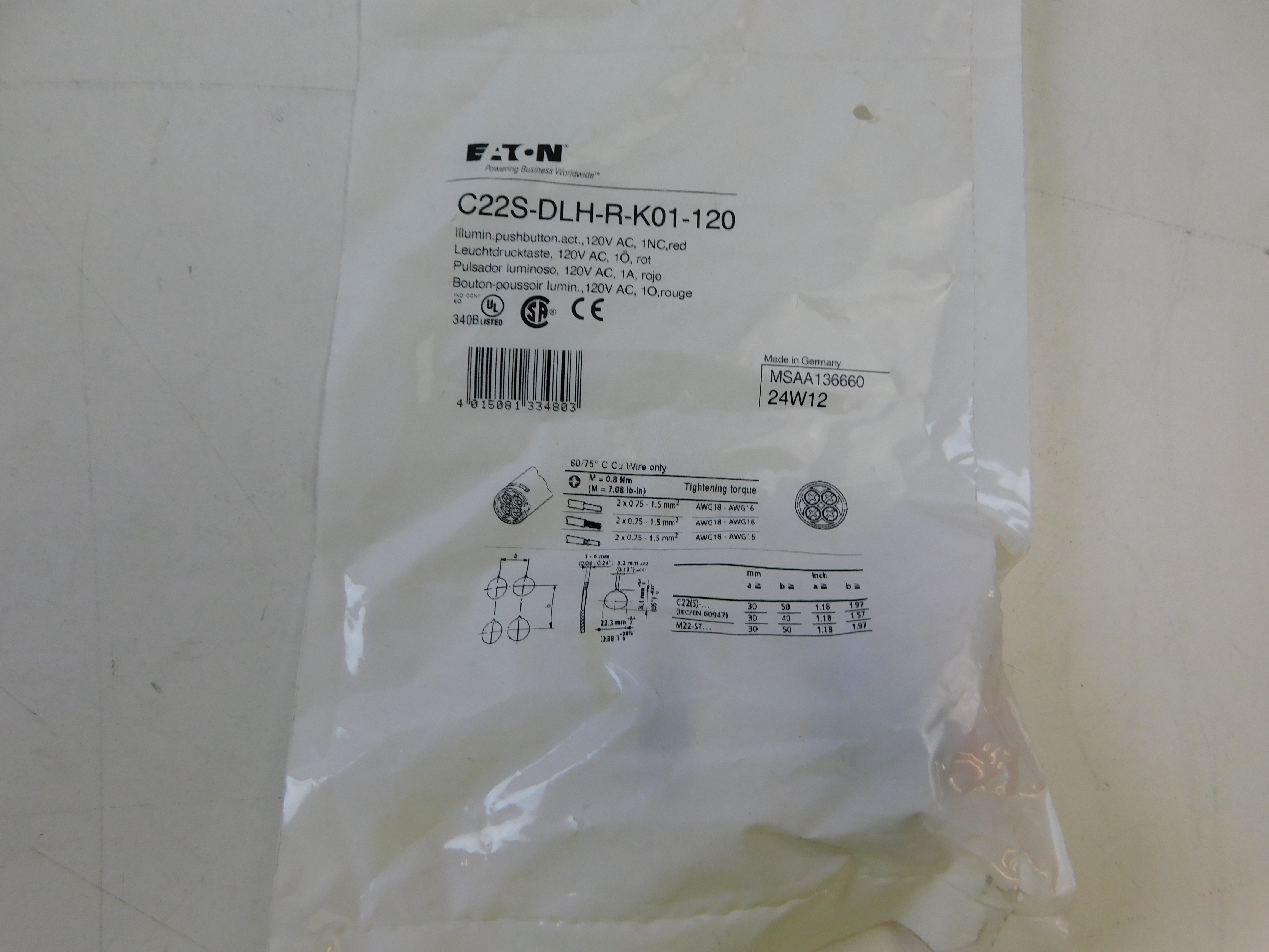 Eaton C22S-DLH-R-K01-120 Illuminated Pushbutton