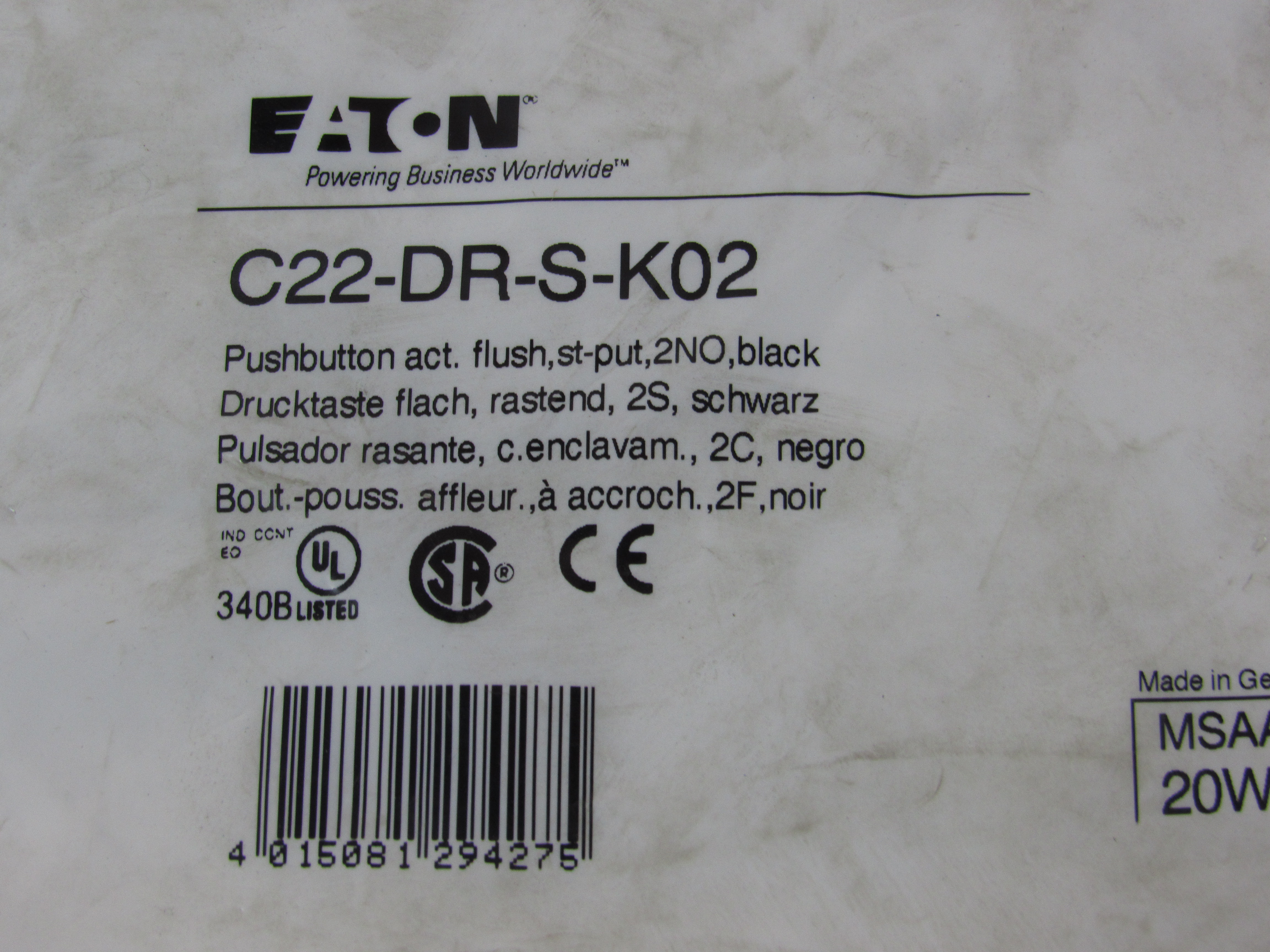 Eaton C22-DR-S-K02 Non-Illuminated Pushbutton