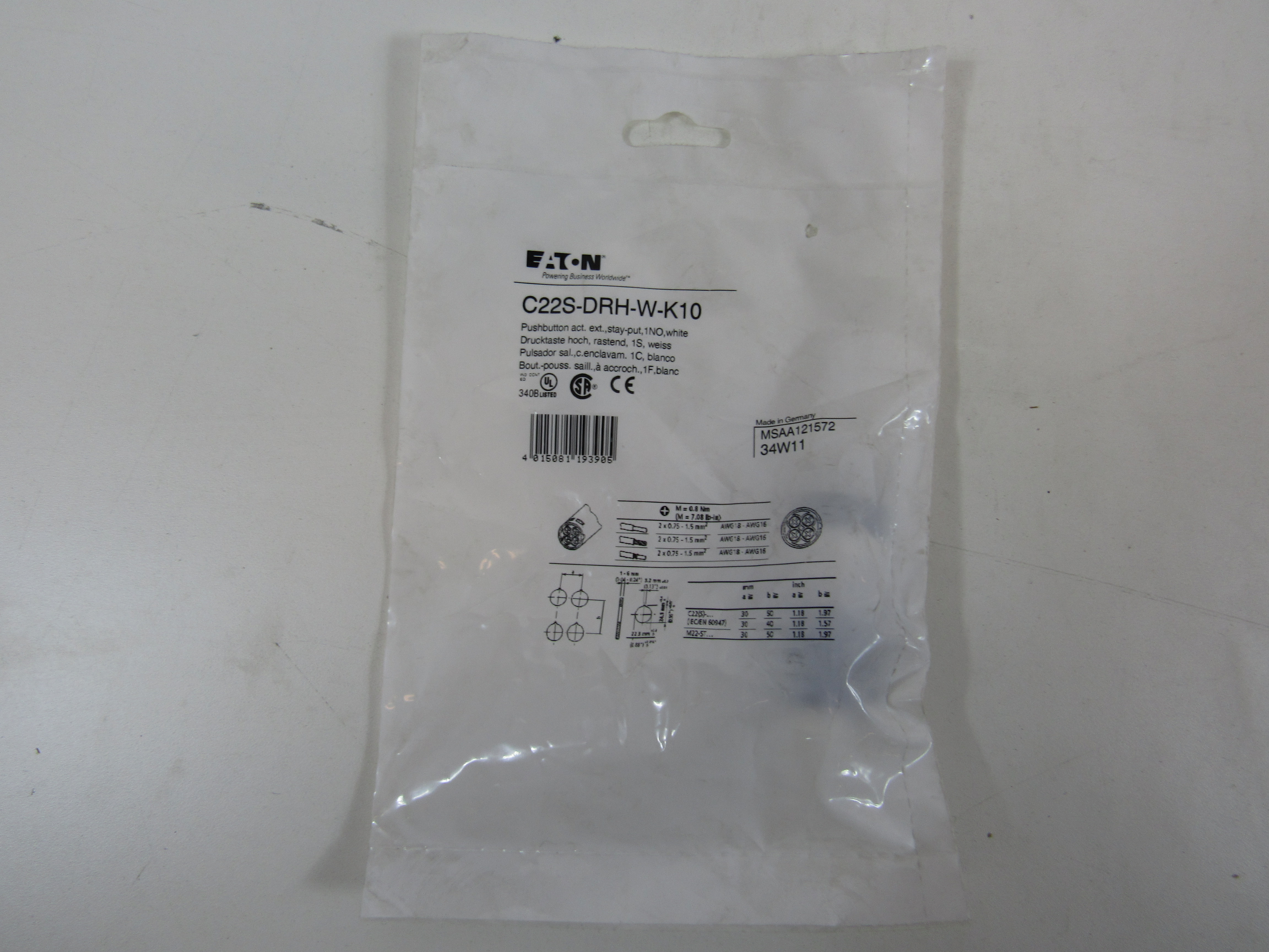 Eaton C22S-DRH-W-K10 Non-Illuminated Pushbutton