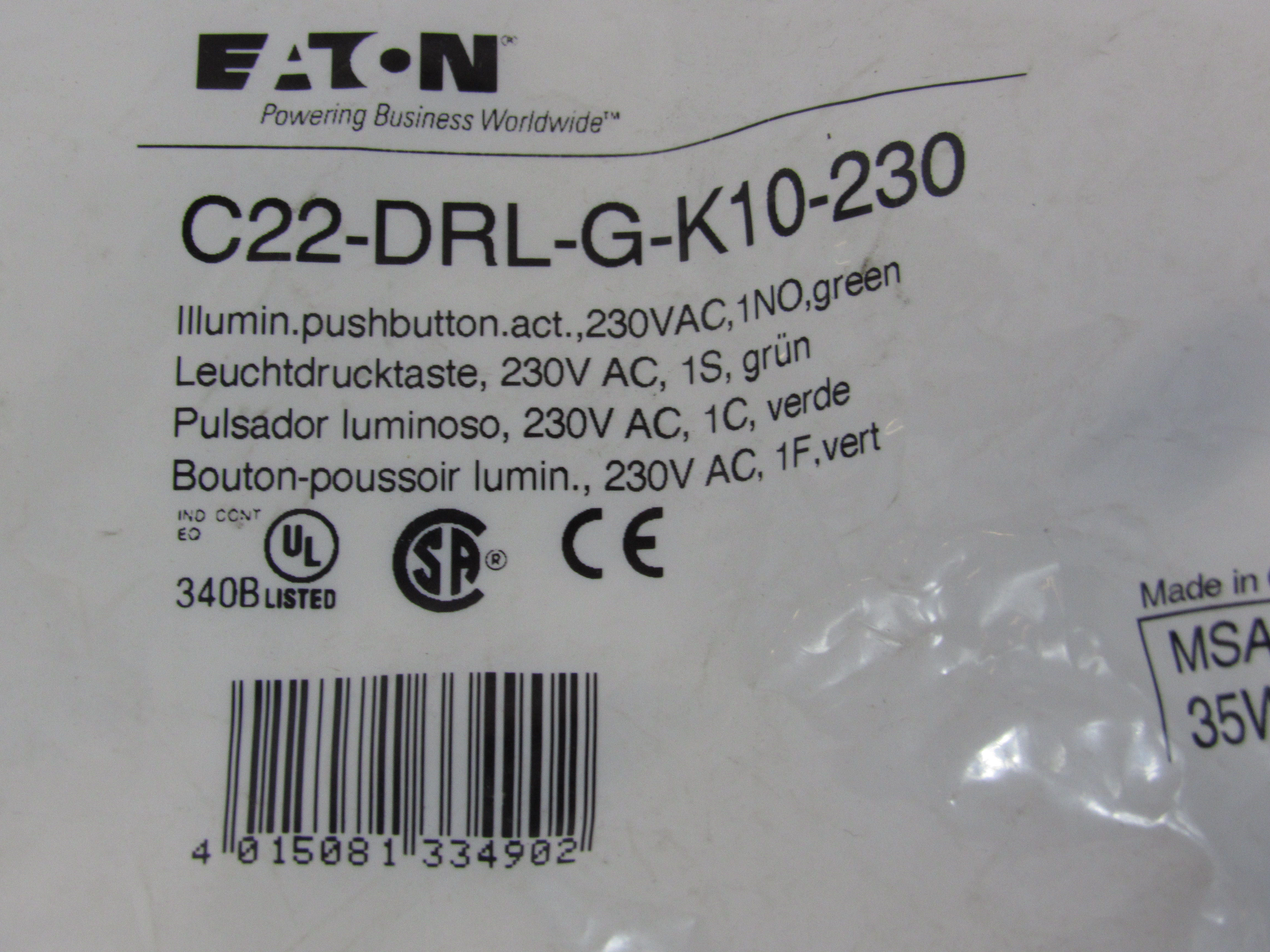 Eaton C22-DRL-G-K10-230 Illuminated Pushbutton