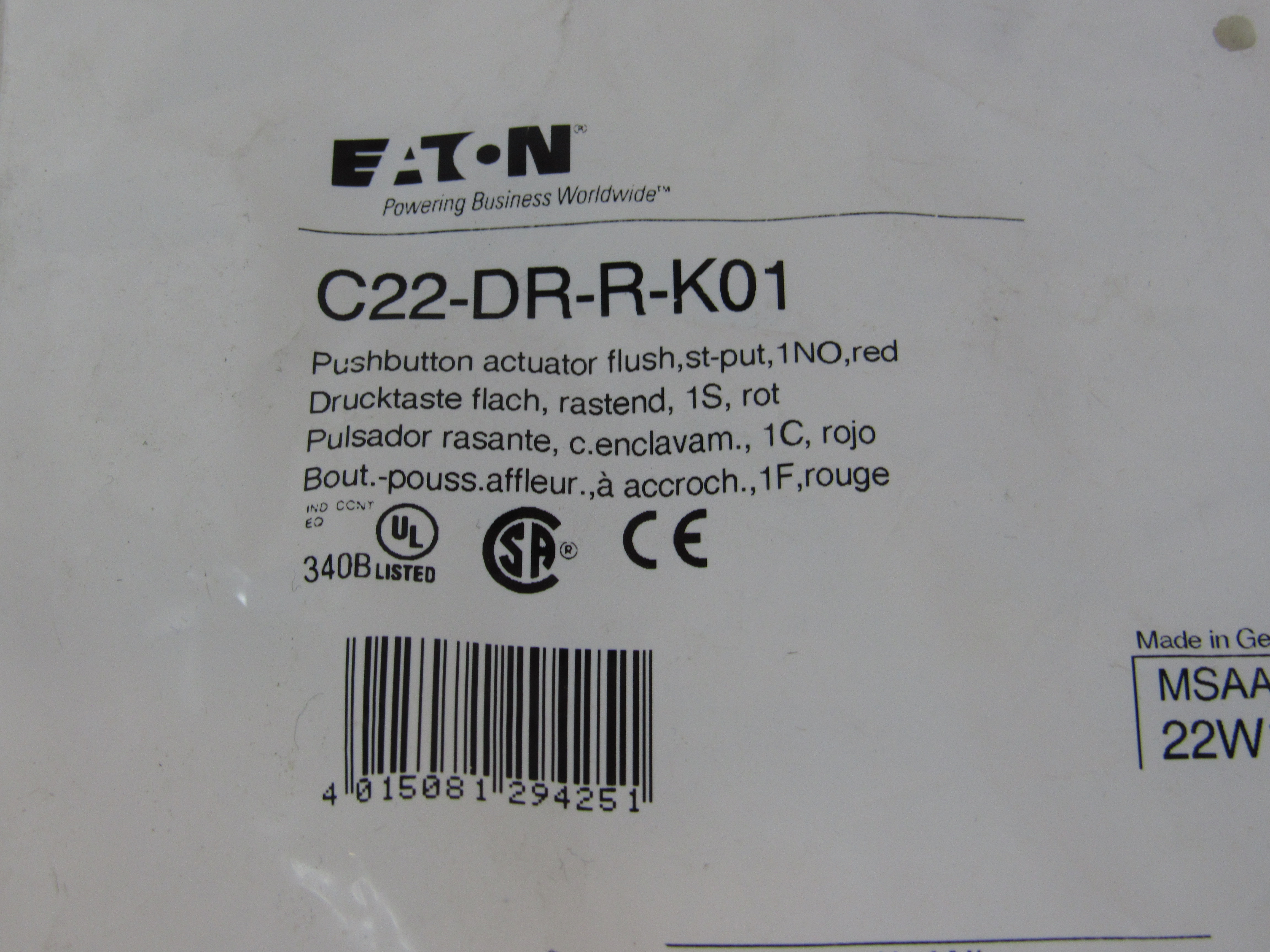 Eaton C22-DR-R-K01 Non-Illuminated Pushbutton