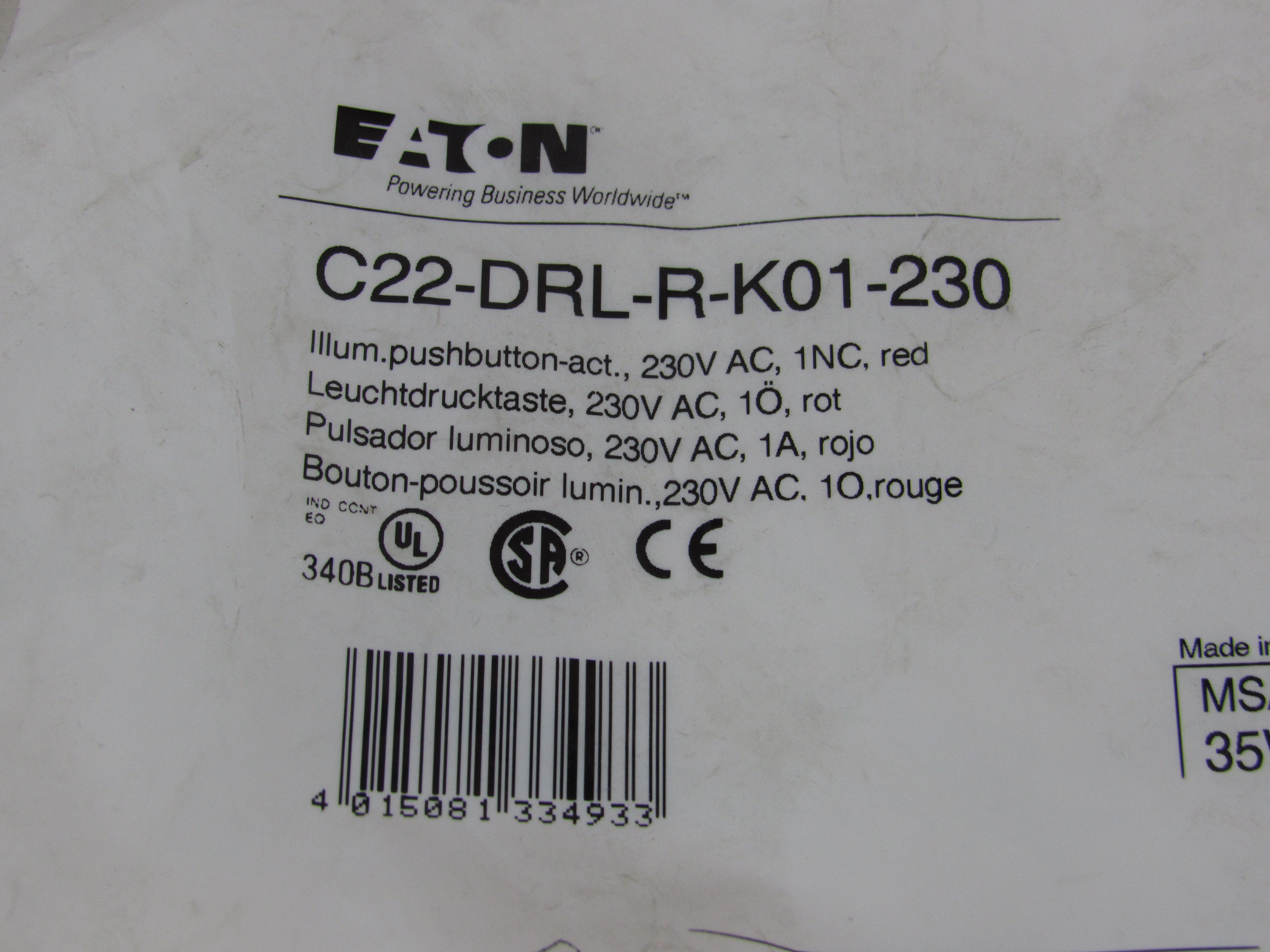 Eaton C22-DRL-R-K01-230 Illuminated Pushbutton