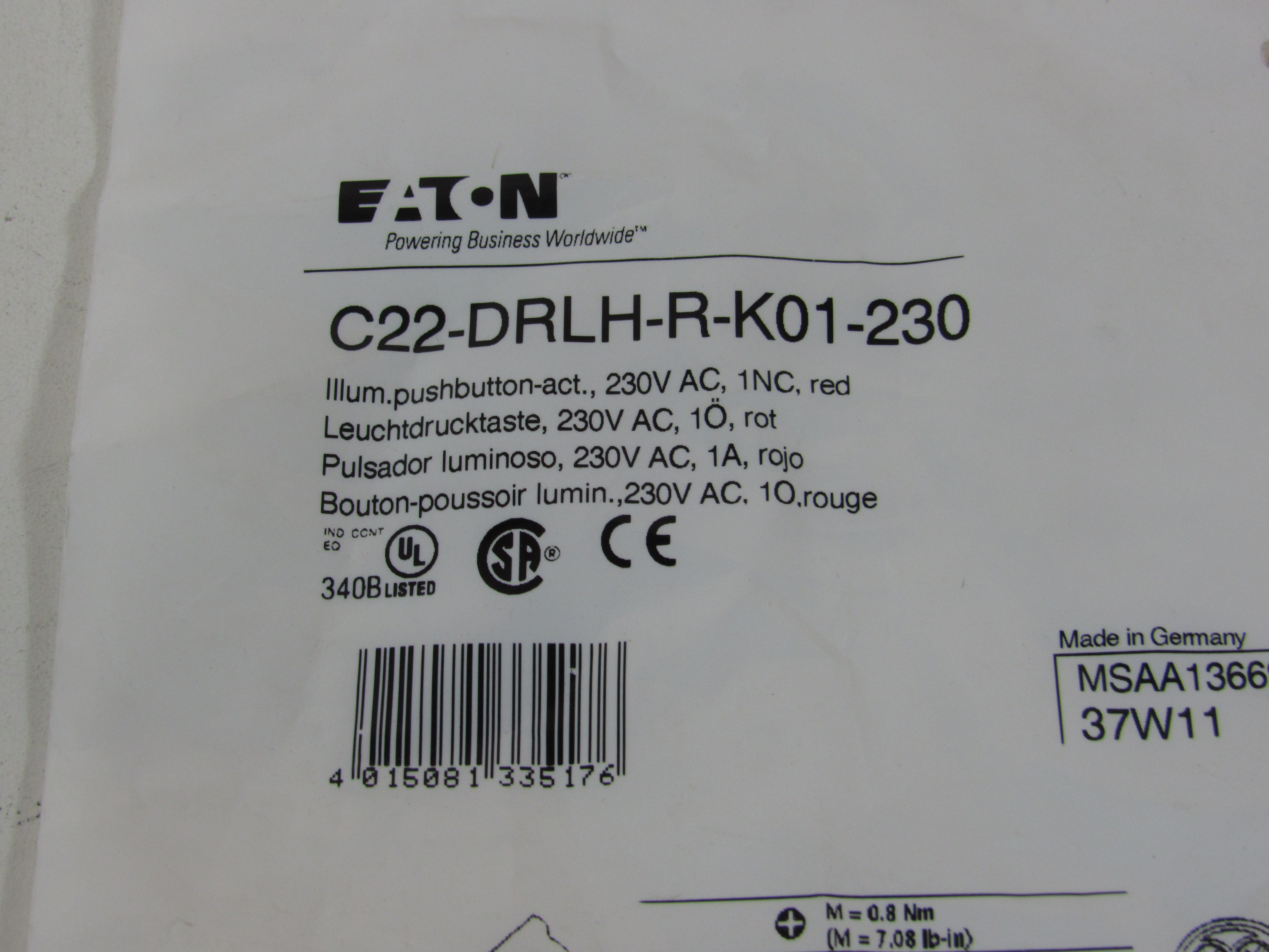 Eaton C22-DRLH-R-K01-230 Illuminated Pushbutton