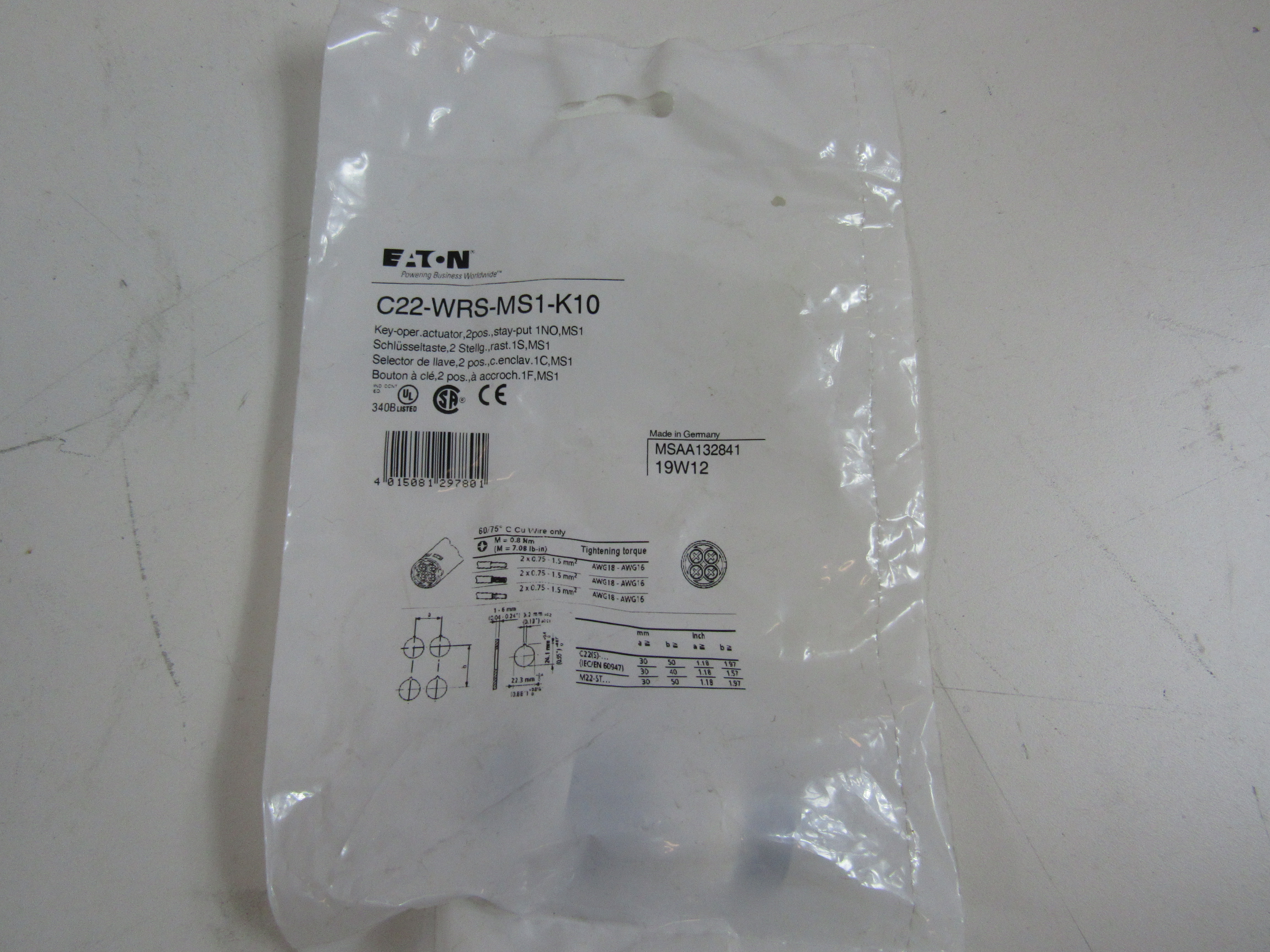 Eaton C22-WRS-MS1-K10 Non-Illuminated Selector Switch