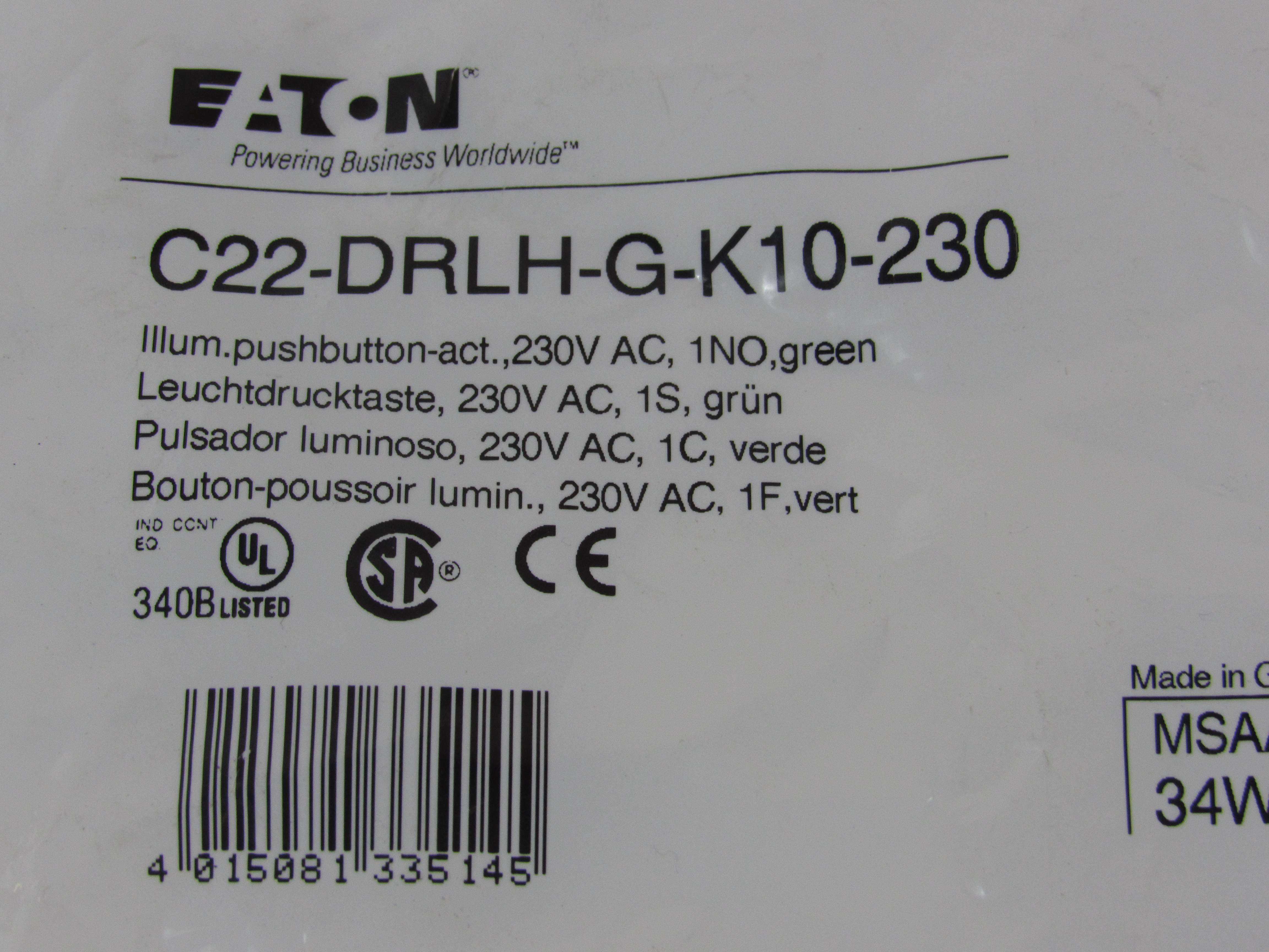 Eaton C22-DRLH-G-K10-230 Illuminated Pushbutton