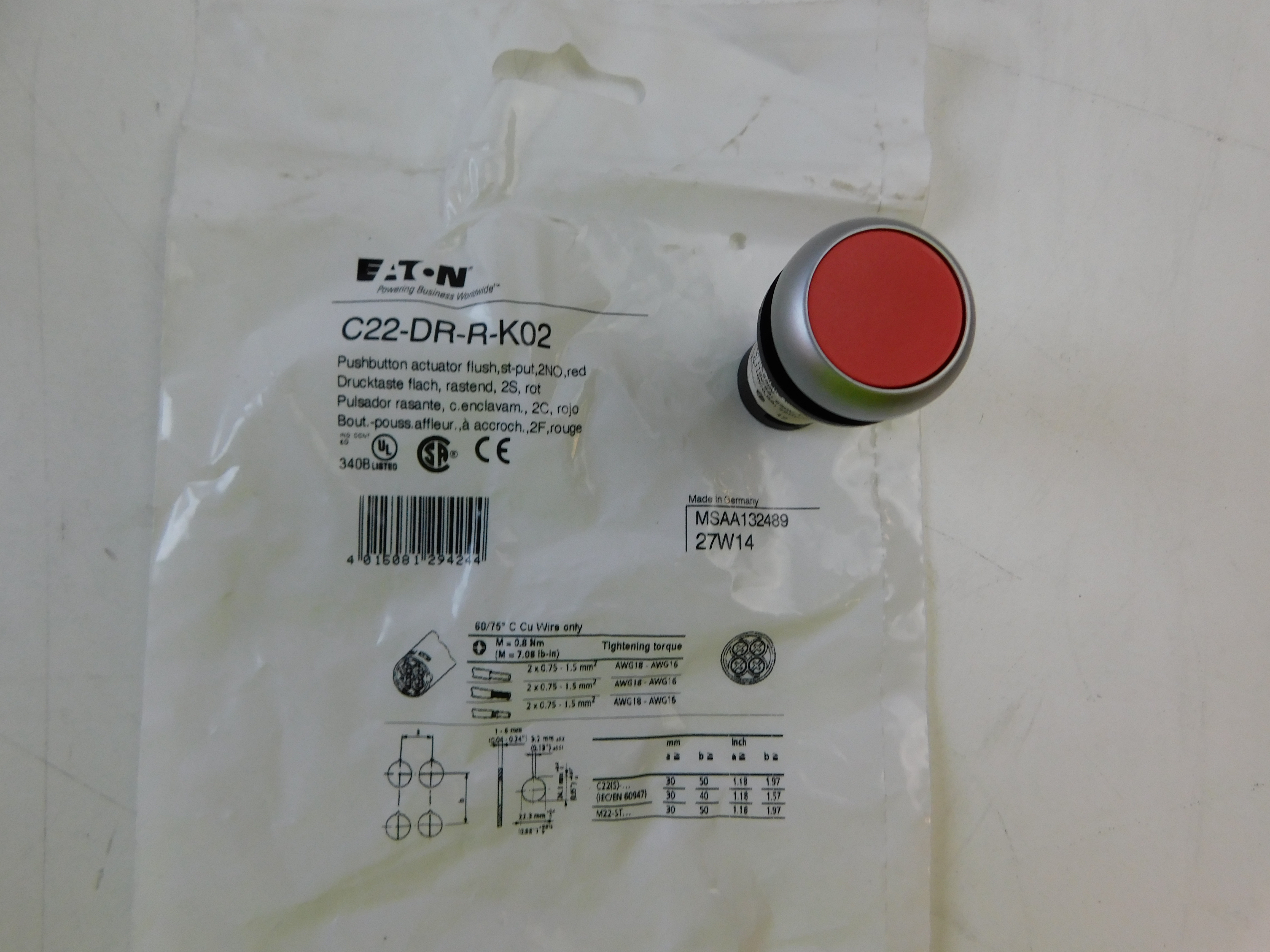 Eaton C22-DR-R-K02 Non-Illuminated Pushbutton
