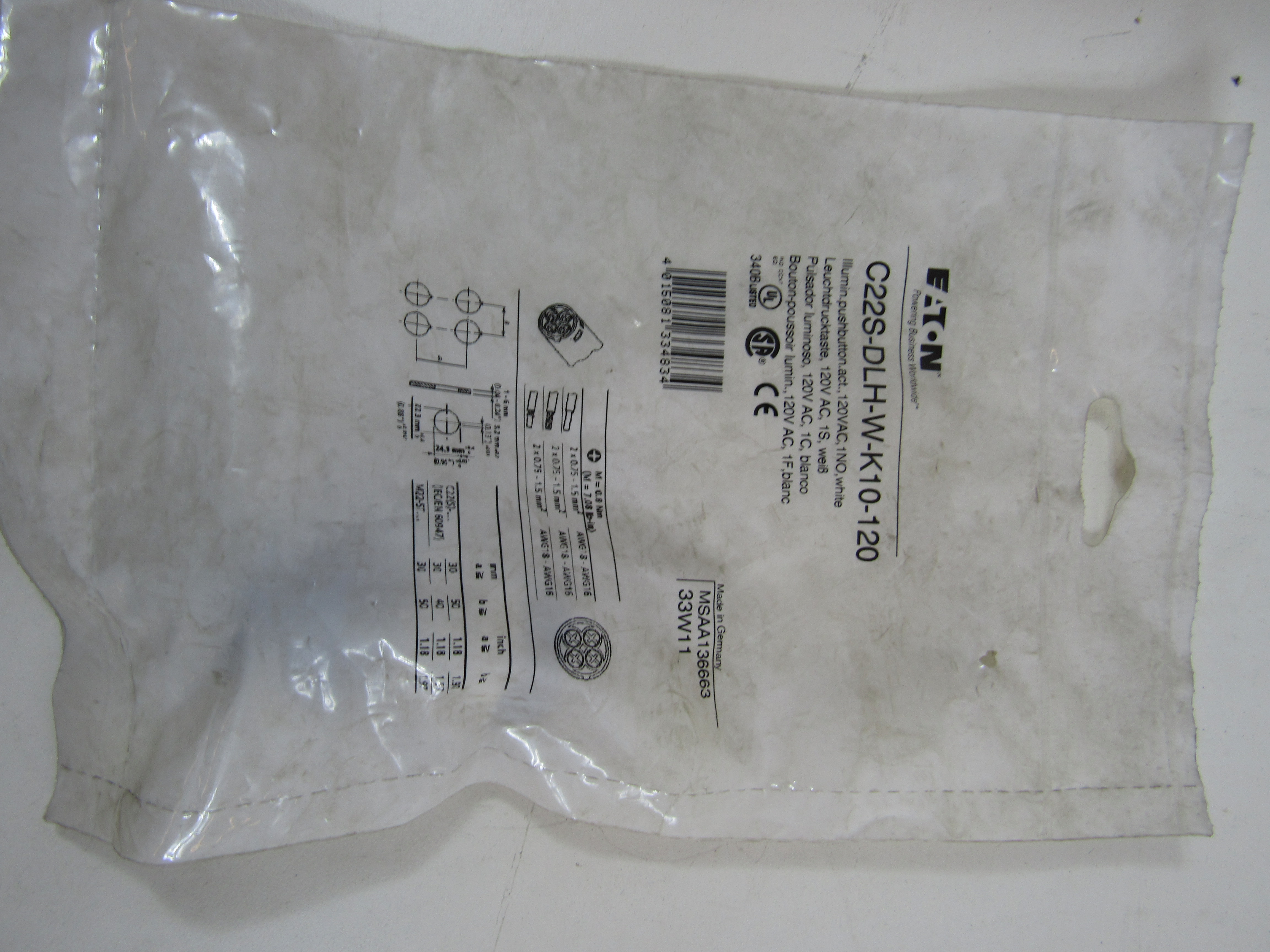 Eaton C22S-DLH-W-K10-120 Illuminated Pushbutton