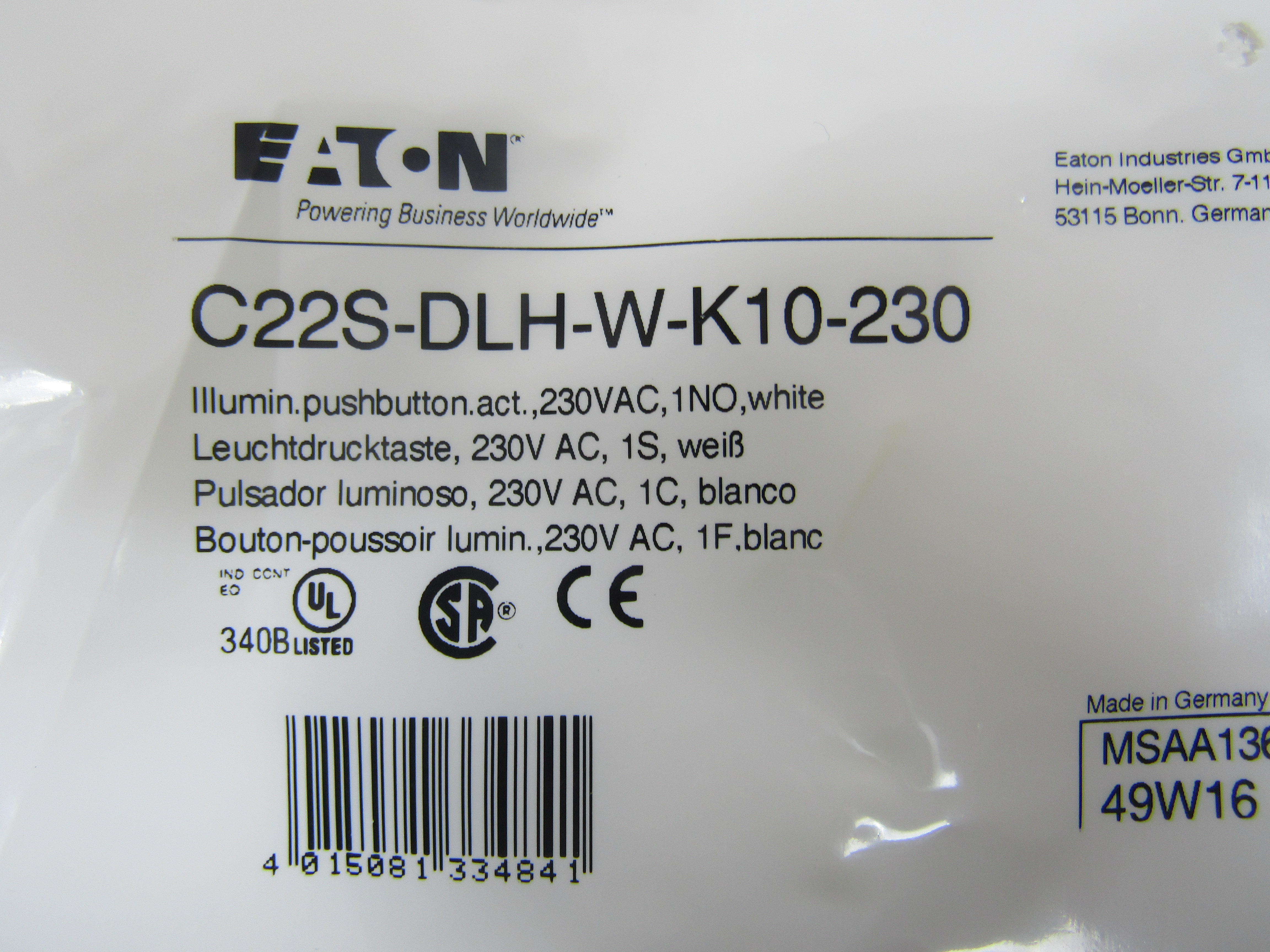 Eaton C22S-DLH-W-K10-230 Illuminated Pushbutton